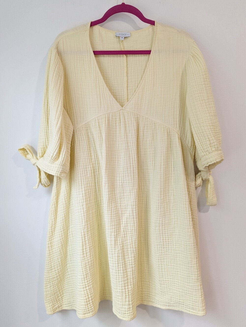 'Sedge Pale Yellow V‑Neck Gauze Tie‑Sleeve Dress